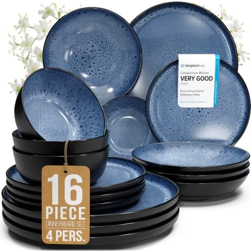 16 Piece Stoneware Dinnerware Set for 4, Handcrafted Plates and Bowls Set by PURELIVING