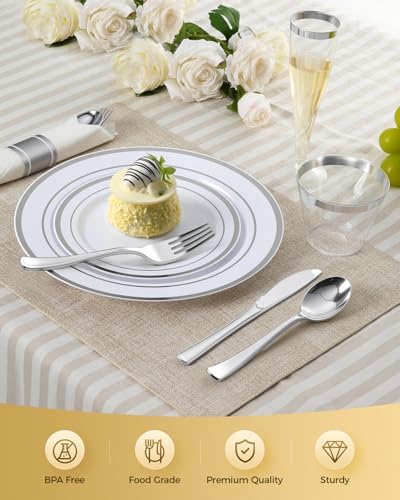 Goodluck 200 PCS Silver Dinnerware Set, Party Plastic Plates for 25 Guests - Image 4