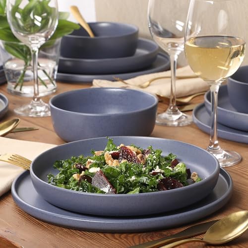 Gibson Elite Bayou Moon Plates and Bowls Sets, 16-Piece Blue Matte Stoneware Dinnerware Sets, Solid Color Reactive Glaze Dish Set - Image 2