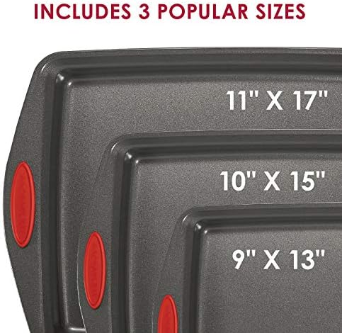 Rachael Ray Bakeware Nonstick Cookie Pan Set, 3-Piece, Gray with Red Grips - Image 2