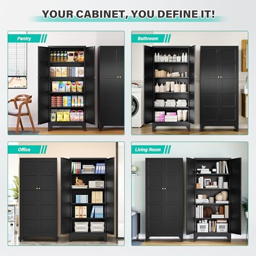 SISESOL Pantry Storages Cabinet with 2 Doors and 5 Shelves,Tall Storage Cabinet,Large Cupboard Closet,Metal Storage Cabinet for Home,Bathroom,Dining/Living Room (Black, 71" H) - Image 4