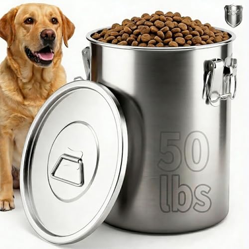 304 Stainless Steel Dog Food Storage Container, 50LB/55LB Airtight Pet Food Container with Locking Lid & Silicone Seal, Large Metal Food Storage Bin for Dry Dog/Cat Food, Rice, Flour (50 LBS) by Iriisy