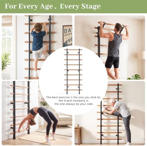 DHT Wood Stall Bar, Swedish Ladder Suspension Trainer with 9 Strategic Rods, for Home, Gym, School and Clinics, Black - Image 5
