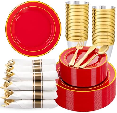 WDF Partyware 350Pieces Red Plastic Plates with Gold Rim Include 50Dinner Plate 10inch 50Dessert Plate 7inch 50 gold Cups 9 OZ, 50 Pre Rolled Napkins for Wedding/Birthday/Christmas/Party by WDF