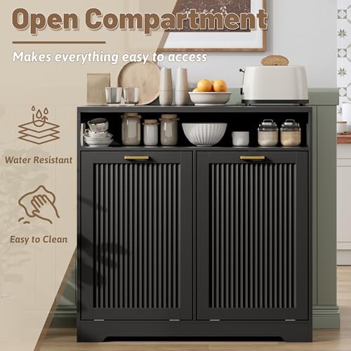 13 Gallon Double Tilt Out Trash Can Cabinet with Open Shelf & Storage - Pet Proof Hidden Recycling Cabinet & Wooden Laundry Hamper for Kitchen, Bathroom, Living Room, Black - Image 5