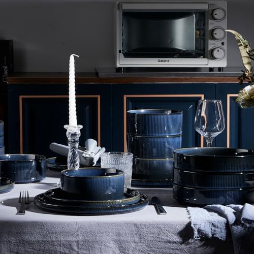LIANYU Dinnerware Sets with Pasta Bowls, 8 Piece Ribbed Plates and Bowls for 2, Modern Ceramic Stoneware Dishes for Kitchen Dining, Microwave and Dishwasher Safe, Twilight Blue - Image 3