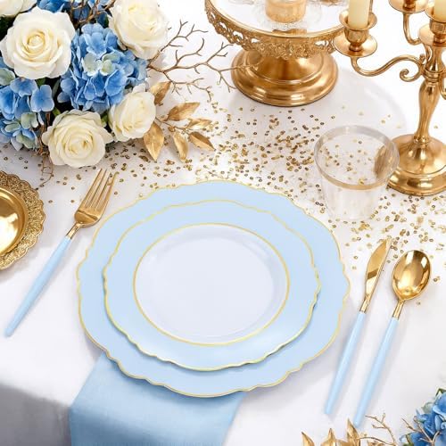 WDF 150pieces Baby Blue Plastic Plates with Gold Rim - Disposable Gold Plastic Silverware With Blue Handle-Baroque Light Blue&Gold Disposable Plates Dinnerware for Wedding/Party/Baby Shower - Image 4