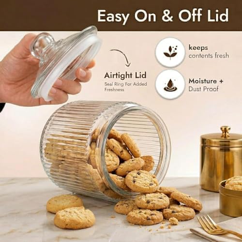 kitchentoolz 1 Gallon Ribbed Glass Cookie Jar - Large Food Storage Container with Airtight Lid - Keep Fresh Flour, Chewy Pet Treats, Candy, Dried Foods - Pack of 2 - Image 3