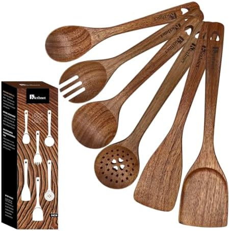 Acacia Wood Utensil Set,6 Piece, Heart Series Wooden Cooking Tools with 13.4" Long Handle Wok Spatula, Serving Spoon, Slotted Spoon, Frying Spatula, Salad Fork and Mixing Spoon by Unknown