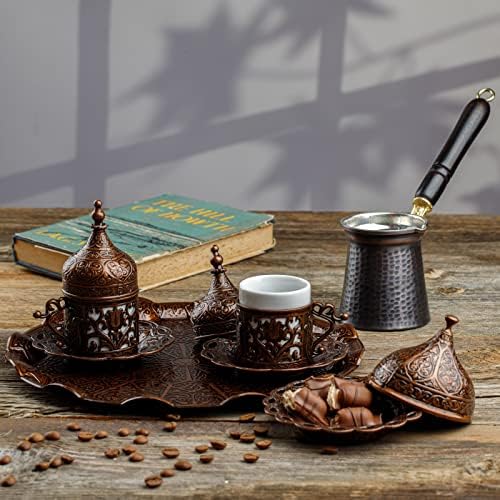 DEMMEX Turkish Greek Arabic Coffee Making and Serving Full Set with Cups Saucers Lids Sugar Bowl Tray and Copper Coffee Pot, 12 Pcs - Image 2