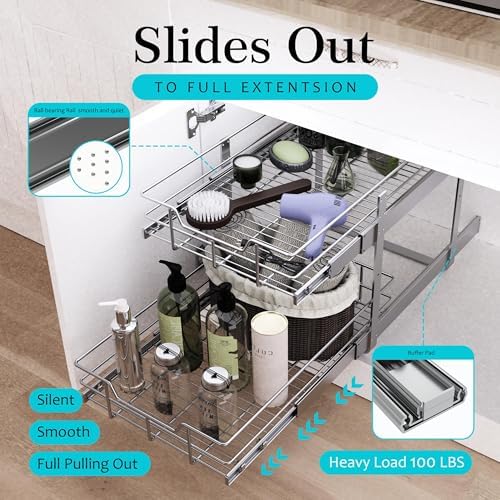 2 Tier Pull Out Cabinet Organizer 11" W X 22" D, Chromed, Full Slide Out - Image 3