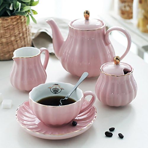 Sweejar Porcelain Tea Sets British Royal Series, 8 OZ Cups & Saucer Service for 6, with Teapot Sugar Bowl Cream Pitcher Teaspoons and Tea Strainer, Suitable for High Tea, Wedding, Party (Pink) - Image 2