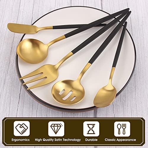 VANVRO Matte Black Gold Serving Silverware Set, 5-Piece Round Shared Utensils Set of Stainless Steel, Hostess Flatware Serving Set, Satin Finish, Dishwasher Safe - Image 3