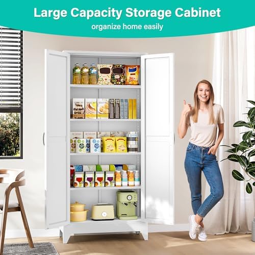 SISESOL 75" Tall Pantry Cabinet,Farmhouse Kitchen Pantry Storage Cabinets with 2 Doors and 5 Shelves,White Metal Storage Cabinet,Large Cupboard for Home,Kitchen,Dining/Living Room - Image 2
