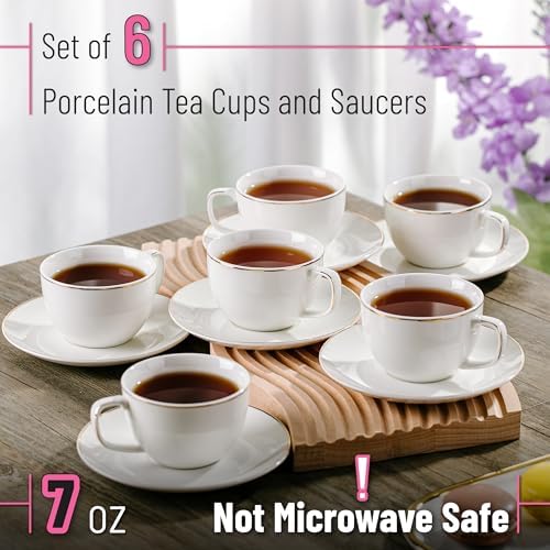 BTaT- Cappuccino Cups with Saucers 7 oz, Set of 6, White Porcelain Coffee Cup and Saucer Set for Latte with Golden Trim Design, Dishwasher Safe, Mocha, Tea, Au Lait, Flat White - Image 2