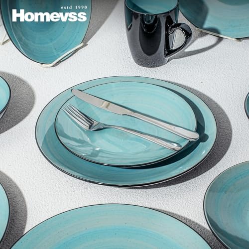 HomeVss, Stoneware Sonoma Dinnerware Set, Black + Speckled Spin Wash Turquoise - Image 4