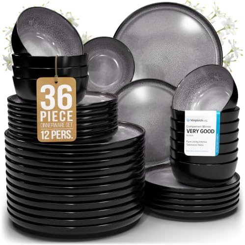 36 Piece Stoneware Dinnerware Set for 12, Handcrafted Plates and Bowls Set by PURELIVING