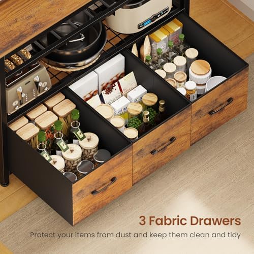 Itaar Bakers Rack with Storage and Power Outlet, 35.4 inch Coffee Bar Cabinet, Microwave Stand Kitchen Cabinet with Hutch, LED Lights, Wine Rack and Hooks, Rustic Brown - Image 4