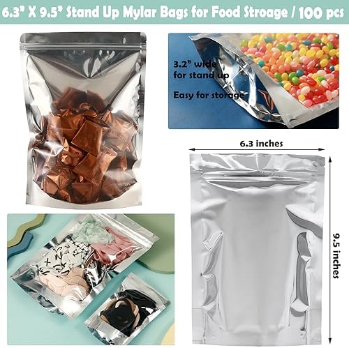 100-Pack Reclosable Large Mylar Bags for Food Storage 6.3" x 9.5" Stand Up Pouch Bags Bulk Resealable Smell Proof Aluminum Silver Foil Bags with Clear Window Kitchen Storage Edible Packaging - Image 4