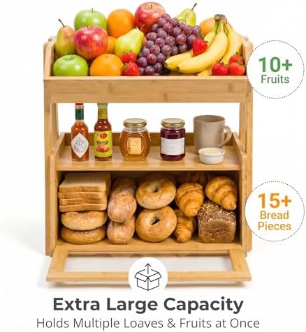 3-Tier Bamboo Bread Box for Kitchen Countertop with Fruit Basket - Image 3