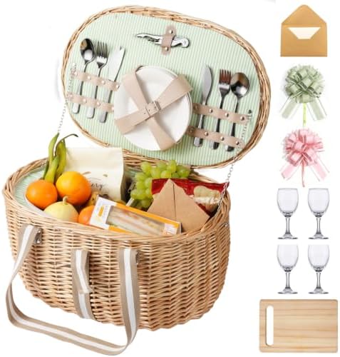 Picnic Basket for 4, Extra Large Wicker Set, 8.4 Gal, Natural by WeaveNove