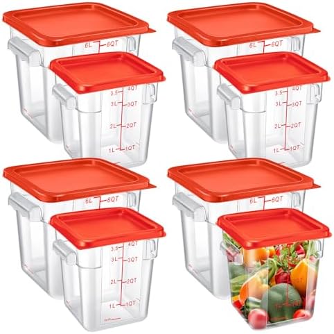 Suclain 8 Pack 4 QT and 6 QT Food Storage Containers with Lids Scales Handles Square Clear Restaurant Food Storage Containers Polycarbonate Commercial Grade for Kitchen Marinating Meat Dough(Red) by Suclain