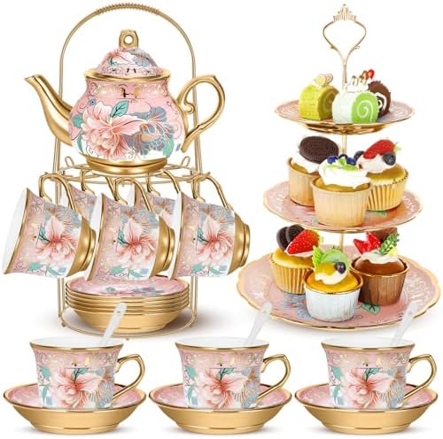 21 Pcs Porcelain Tea Set with 3 Tier Dessert Stand, Pink, Spring by Suttmin