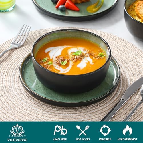 vancasso Plates and Bowls Sets, 24 Pieces Stoneware Dinnerware Sets for 8, Kitchen Dish Set Mircowave and Dishwasher Safe Ceramic Dishware, Turf Green, Series AMBER - Image 5