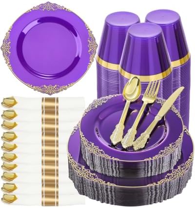 Goodluck 175 Piece Clear Purple Plastic Dinnerware Set for 25 Guests by GoodLuck