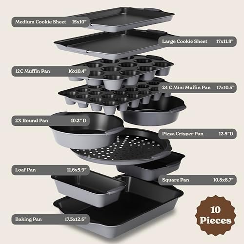 Country Kitchen Nonstick Stackable Bakeware Set - Heavy Duty, Durable, Easy Release Baking Set, Grey, 10 Pcs - Image 2