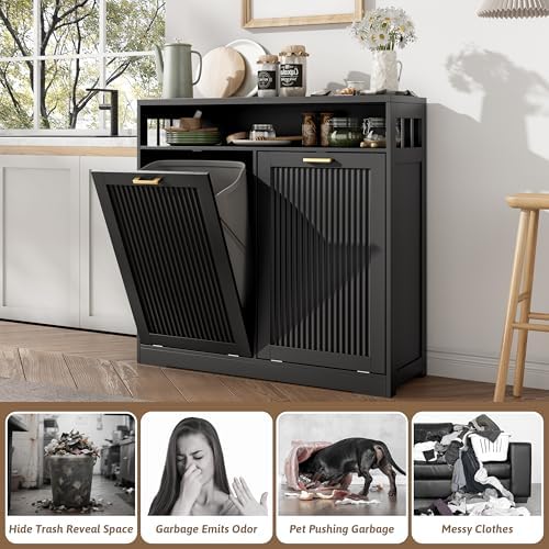 13 Gallon Double Tilt Out Trash Can Cabinet with Open Shelf & Storage - Pet Proof Hidden Recycling Cabinet & Wooden Laundry Hamper for Kitchen, Bathroom, Living Room, Black - Image 4