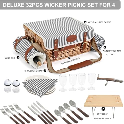 Multifunctional Wicker Picnic Basket Set for 4 with Blanket and Picnic Table, Insulated Picnic Set with Full Tablewares for Camping Outdoor Couples, Stripes - Image 4