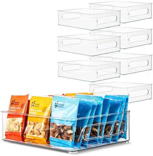 Plastic Food Storage 8 Pack Clear Container Bin with Handles for Organizing Kitchen, Pantry, Refrigerator, Freezer, Pantry, Cabinet, Closet, Bathroom. Stackable 10”x6”x3” by primebox