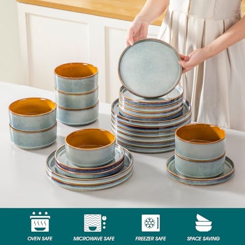 vancasso ONION Ceramic Plates and Bowls Sets, 24 Pieces Light Blue Dinnerware Sets for Kitchen, Reactive Glaze Dishes Set for 8, Dishwasher and Microwave Safe - Image 4