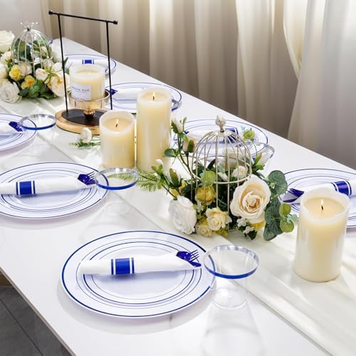 WELLIFE 350 Pcs Blue Plastic Plates for 50 Guests - Plastic Dinnerware Set,Party Supplies Includes 100 blue plates,150 Silverware,50 Napkins,50 Cups,Blue and White Plates - Image 5