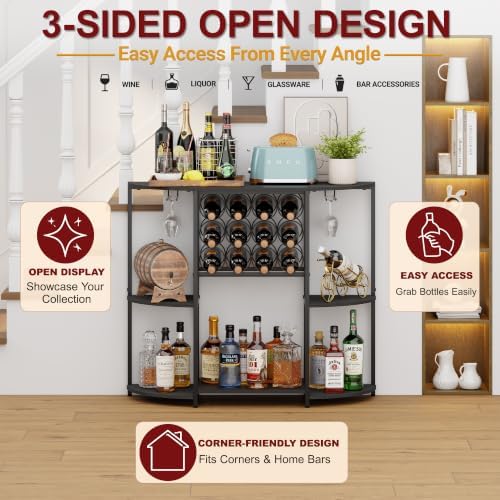 JKsmart Home Bar Cabinet with 12 Bottle Wine Rack, 3-Tier Liquor Cabinet with Glass Holders, 3-Sided Open Bar Shelf for Whiskey, Spirits, Wine Storage and Home Bar Accessories - Image 6