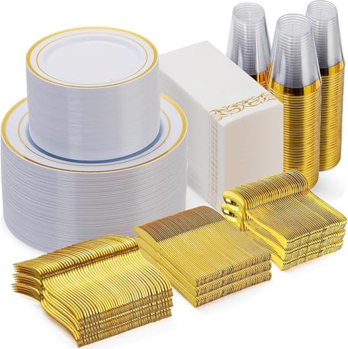 Goodluck 700 Piece Gold Dinnerware Set for 100 Guests, Disposable Plate Set by GoodLuck