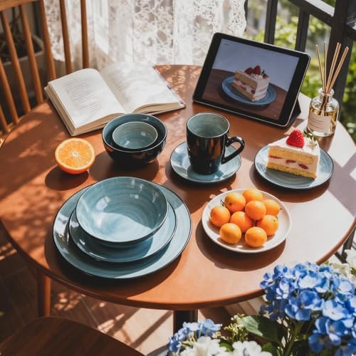 HomeVss, Stoneware Sonoma Dinnerware Set, Black + Speckled Spin Wash (56pc Set, Turquoise) - Image 5