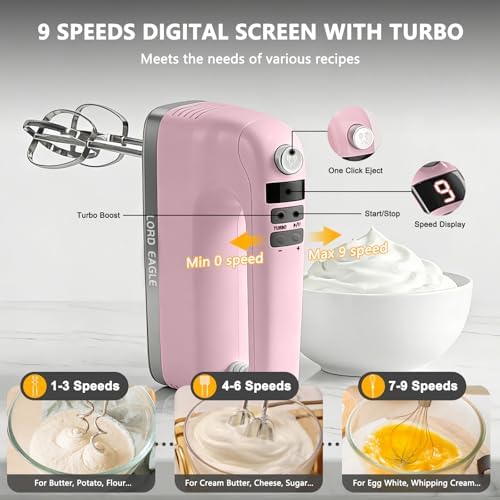 Lord Eagle 9-Speed Digital Hand Mixer Electric Handheld, 500W DC Motor - Image 2