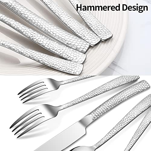 20-Piece Silverware Set, Silver Hammered Stainless Steel Flatware Sets for 4, Food-Grade Tableware Set, Including Fork Knife Spoon Set, Home Kitchen Cutlery Sets, Dishwasher Safe - Image 5