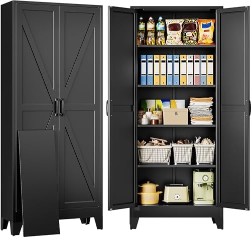SISESOL 72" Tall Pantry Cabinet,Wide & Deep Farmhouse Kitchen Pantry Storage Cabinets with 2 Doors and 5 Shelves,Black Metal Storage Cabinet,Large Cupboard for Home,Kitchen,Dining/Living Room by SISESOL