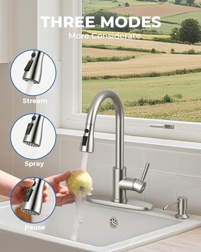 WEWE Kitchen Faucet with Soap Dispenser, Brushed Nickel Pull-Down Sprayer - Image 4