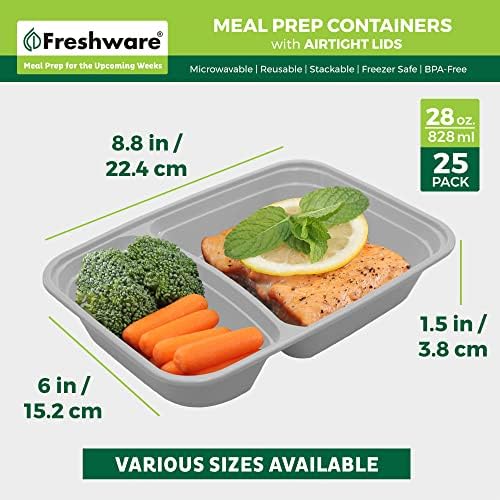 Freshware Meal Prep Containers with Lids 28 oz [25 Pack] 2-Compartment Food Storage Containers, Bento Box Lunch Containers, BPA Free, Airtight, Stackable, Reusable, Microwave/Dishwasher/Freezer Safe - Image 4