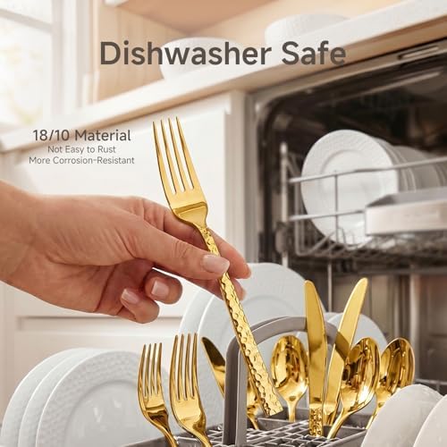 60 Piece Gold Silverware Set,18/10 Stainless Steel Hammered Flatware for 12 - Image 3
