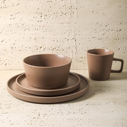 Stone Lain Celina Stoneware 16-Piece Modern Dinnerware Set, Plates and Bowls, Matte Brown, Service For 4, Microwave & Dishwasher Safe - Image 5