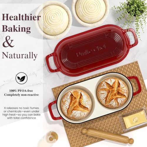 Umite Chef Dutch Oven for Bread Baking–Enamelled Cast Iron Dutch Oven Pot with Lid – 500°F Oven Safe–Double Round Loaf Bread Pan with 5" Banneton Proofing Baskets for Homemade Bread, Meatloaf, Cake - Image 4