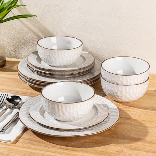 GBHOME Ceramic Dinnerware Sets of 4,12 pcs Plates and Bowls Sets Dishes - Image 3