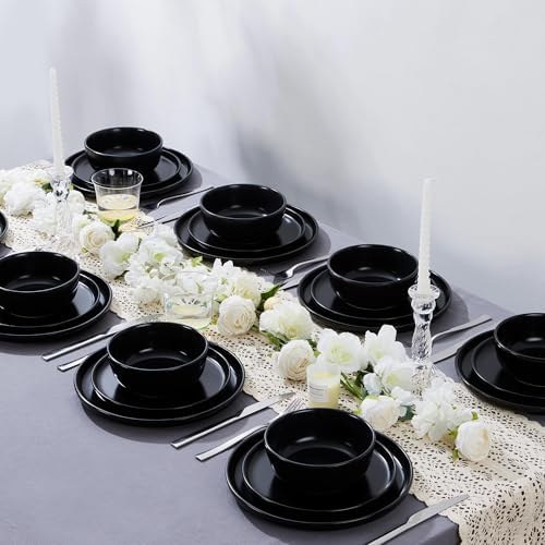 LIANYU 16 Piece Dinnerware Sets with Double Bowls for 4, Black Onyx - Image 5