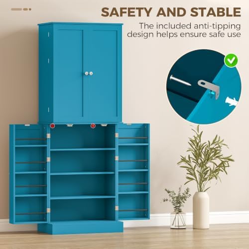HOMCOM 65" Kitchen Pantry Storage Cabinet 16 Door Shelves Blue - Image 6