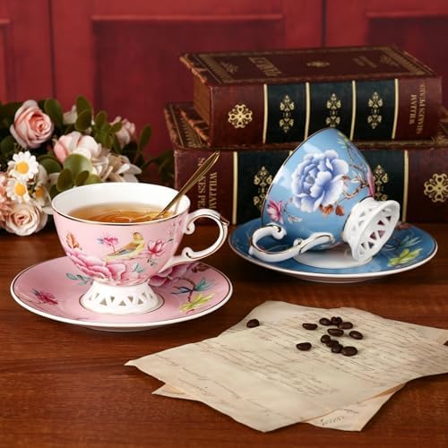 KAMMAK Tea Cups and Saucers Set of 2, Fine Bone China Coffee Cups, GH019 - Image 7